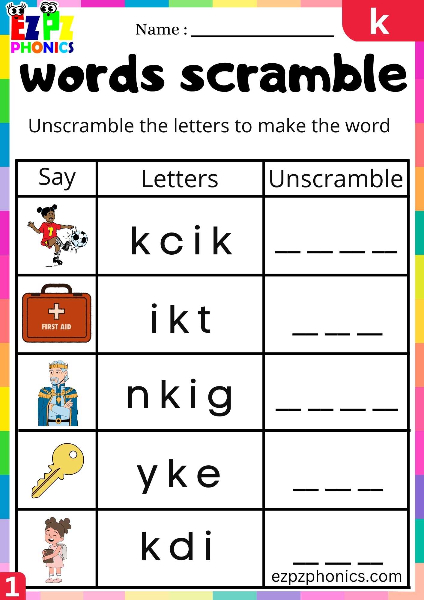 Letter K Words Scramble Beginning Sounds Worksheet